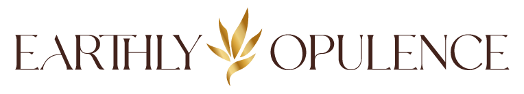 The words Earthly Opulence is a pretty font with a gold bird of paradise inspired logo.